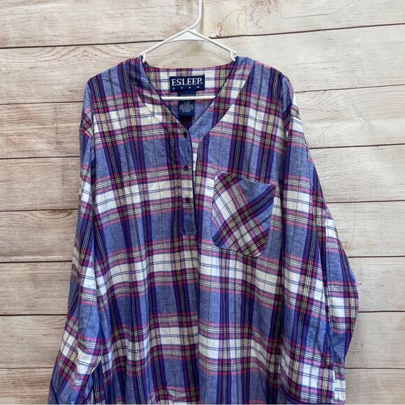 VINTAGE ESLEEP DORM FLANNEL SLEEP SHIRT IN PURPLE PLAID - Picture 2 of 6